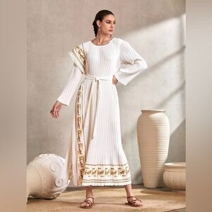 SHEIN Modely Asymmetrical Belted Crinkle White Dress Womens XL Egyptian Style